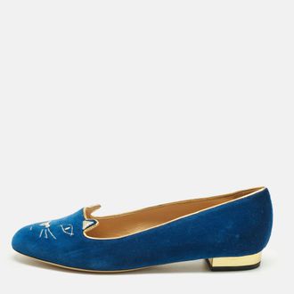 Charlotte Olympia Navy Blue Velvet Kitty Ballet Flats