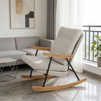 OEM Sill&oacute;n Mecedora Escandinavo Gris 1 Plaza - Tejido De Lino Acolchado, Madera Y Metal, Dise&ntilde;o Moderno