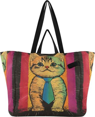 Generic Tie Cat Rainbow print Reusable Canvas Tote Bag, Heavy Duty Grocery Shopping Bag with Double Handles Hard Bottom Large Capacity Work Groceries Travel