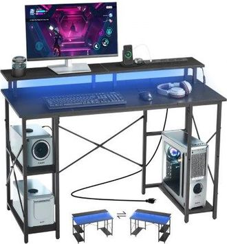 OEM Escritorio De Oficina, Con Luces Led Inteligentes Y Tomas De Corriente, Con Soporte Para Monitor Y Estantes De Almacenamiento De 2 Niveles, Carga De 6