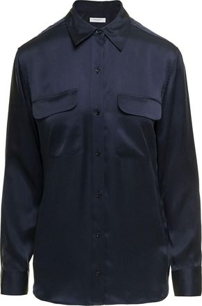 Equipment signature Navy Blue Long Sleeves Shirt In Silk Woman