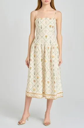 Wayf Juliet Print Linen Blend Midi Sundress in Ivory Botanical at Nordstrom, Size X-Large