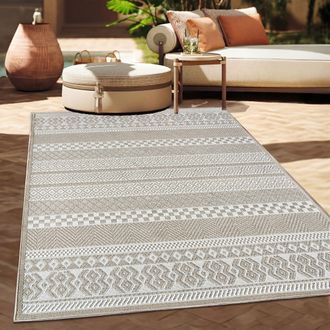 Paco Home Paco Home - Alfombra Exterior Interior Balc&oacute;n Terraza Cocina Motivo Boho &Eacute;tnico Moderno 160x220 Cm, Beige