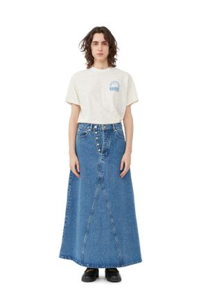 Ganni Overdyed Cutline Denim Maxi Skirt in Mid Blue Stone Size 10 Organic Cotton Womens