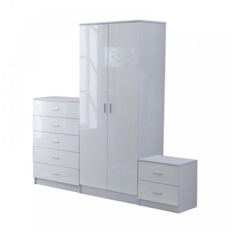 HOMCOM Tall White High Gloss Wardrobes 3 Pc Home Furniture Set Chest Bedside Table 7 Drawer - Home Living | TJ Hughes