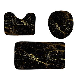 OEM Bathroom Rug Set - Bath Mat And Toilet Lid Cover - Black Gold Design - 3 Pieces