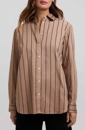 Foxcroft Dot Stripe Boyfriend Button-Up Shirt in Almond Brown/black at Nordstrom, Size X-Small