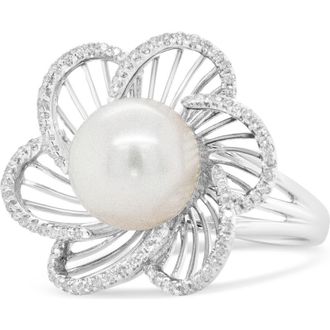 House of Brilliance 14K White Gold 11mm Pearl and 1/3 Cttw Diamond Openwork Flower Blossom Ring at Nordstrom, Size 7