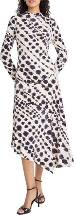 Maggy London Long Sleeve Asymmetric Hem Midi Dress in Tan/Black at Nordstrom Rack, Size 16