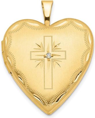 Diamond2Deal 14k Yellow Gold Diamond Satin and Diamond-cut Cross 20mm Heart Locket