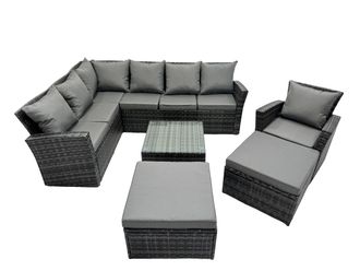 Fimous 9 Seat Rattan Corner Sofa Set with 2 Big Stool Chair in Dark Grey