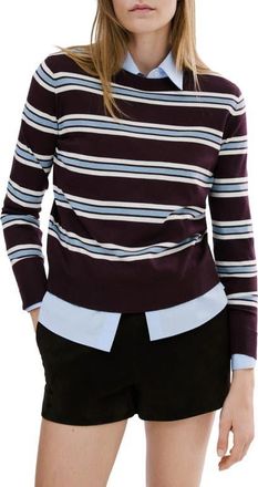 Mango Stripe Crewneck Sweater in Maroon at Nordstrom, Size X-Small