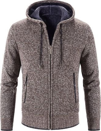 Generic Fleece Jacket Men, Padded Hooded Cardigan Zipper Fleece Hoodie Plain Knitted Sweater Winter Warm Hoodies Top Casual Knitwear Long Sleeve Thick Thermal