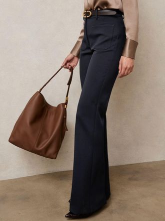 Reiss Navy Petite Twill Patch-pocket Flared Trousers, 16