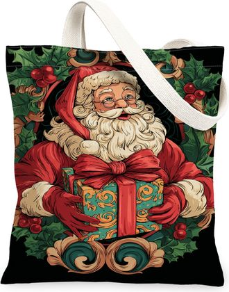 Generic Christmas Canvas Santa Claus Tote Bags, Vintage Lightweight Washable Shoulder Shopping Bags for Gift Giving Travel 13x15 Inch