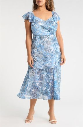Sugarlips Tierra Floral Nadia Ruched Midi Dress in Blues at Nordstrom, Size 1 X