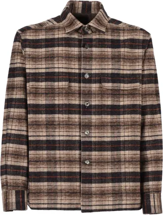 Xacus Plaid Button-Up Shirt with Stand Collar and Chest Pockets