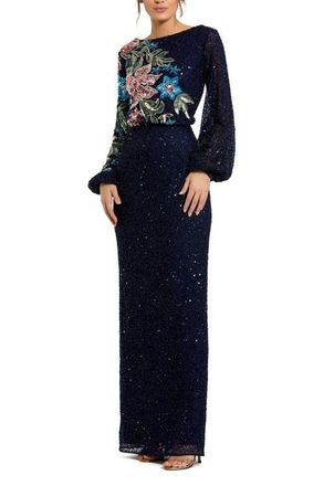 Mac Duggal Embellished Multi Color Floral High Neck Gown in Midnight at Nordstrom, Size 18
