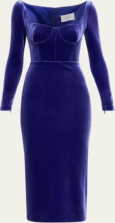 Alex Perry Cupped Long-Sleeve Velvet Midi Dress