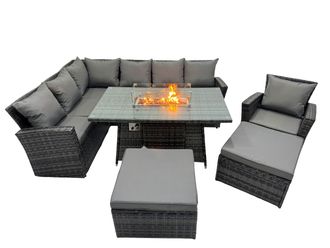 Fimous Rattan Outdoor Patio Gas Firpit Table Sofa Set with 2 Big Stools Chair in Dark Grey