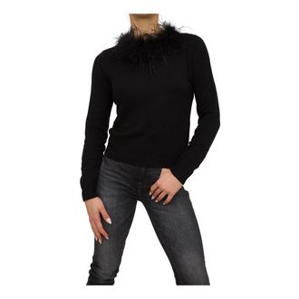 Twinset Zwarte boothals top met veren - Dames - Ronde hals truien - Zwart - S - Katoen - Truien & Vesten