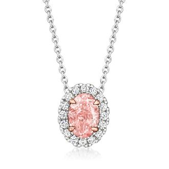 Grown Brilliance 1.20 Carat Lab Grown Halo Oval Pendant Necklace in 14K White Gold, Pink Color, Gift Box Included