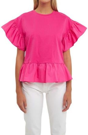 English Factory Mixed Media Flutter Sleeve Peplum Cotton Top in Fuchsia at Nordstrom Rack, Size X-Small