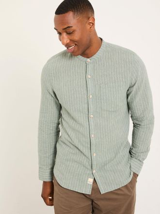 Fat Face FatFace Bugle Dusky Green Stripe Long Sleeve Grandad Linen Cotton Shirt