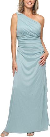 Alex Evenings One-Shoulder Glitter Mesh Gown in Ice Sage at Nordstrom, Size 16