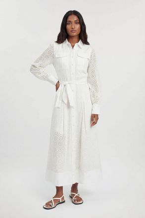 Karen Millen Womens Cotton Broderie Belted Shirt Dress - White - Size 16 UK