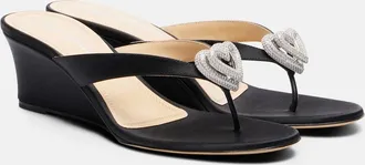 Mach & Mach Double Heart satin wedge thong sandals