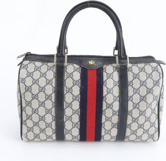 Gucci Navy Leather Coated Canvas Boston Bag Handbag Tote Bag (Pre-Owned)