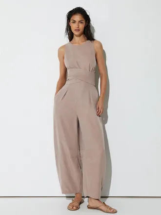 Reiss Taupe Neutral Lyocell Cross-back Barrel-leg Jumpsuit, 12