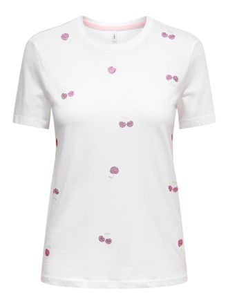 Only Kurzarmshirt ONLY ONLNIKITA REG S/S TOP BOX JRS, Damen, Gr. XL, hellwei&szlig; aop:cherry, Jersey, Obermaterial: 100% Baumwolle, bedruckt, regular fit norma