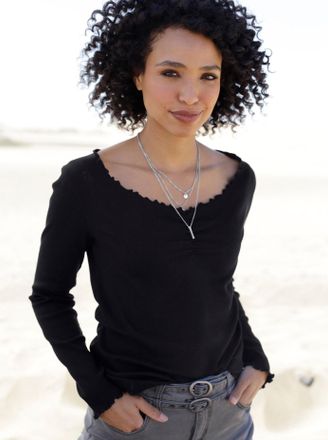 Heine Langarmshirt HEINE Shirt, Damen, Gr. 34, schwarz, 95% Baumwolle, 5% Elasthan, unifarben, V-Ausschnitt, Shirts Langarmshirt