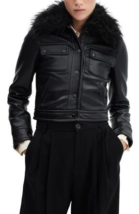 Mango Faux Leather Jacket with Removable Faux Fur Collar in Black at Nordstrom, Size Small