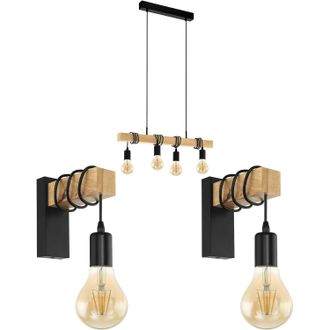 Loops Quad Ceiling Light & 2x Matching Wall Lights Black & Wood Hanging Trendy Lamp