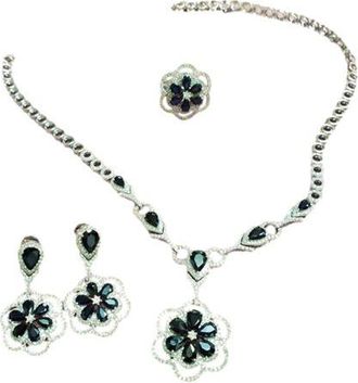 Bespoke 18ct White Gold Diamond & Sapphire Floral Jewellery Suite