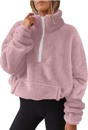 Generic Fleece Jacket Womens Long Sleeve Stand Collar Half Zip Up Teddy Fleece Women Teddy Jacket Women Tunic Tops Jumpers Pullover Tops Sweatshirts Loose Fit