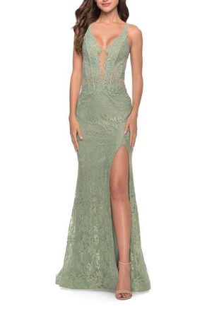La Femme Fitted Stretch Lace Gown with Deep V and Beading in Sage at Nordstrom, Size 6