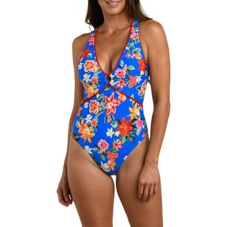 La Blanca Modern Plunge One-Piece Swimsuit in Blue Multi at Nordstrom, Size 10