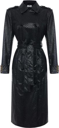 Elisabetta Franchi Jassen, Dames, Zwart, S, Leer, Scale-texture Trenchcoat