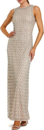 Mac Duggal Sequin Mesh High Neck Column Sleeveless Gown in Silver Nude at Nordstrom, Size 12