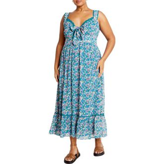 City Chic Lidia Tie Front Lace Trim Maxi Dress in Ditsy Swirl at Nordstrom Rack, Size Xs/14W