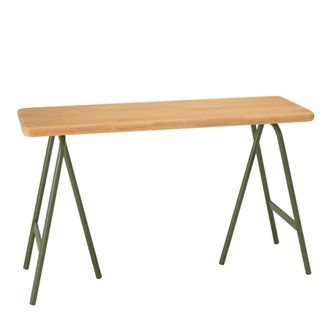 Macabane Consola con tablero de pino y patas de caballete de metal verde
