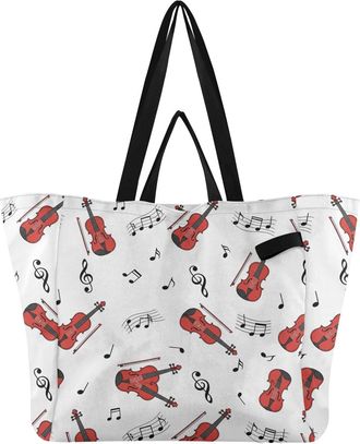 Generic Musical Music White print Reusable Canvas Tote Bag, Heavy Duty Grocery Shopping Bag with Hard Bottom Double Handles Large Capacity Work Groceries Trav