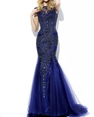 Sherri Hill Beaded Mermaid Gown In Navy
