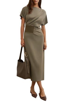 Reiss Etta Rib Detail Drape Dress in Khaki Green at Nordstrom, Size 2 Us