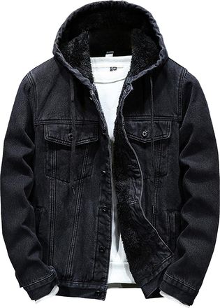 Generic Mens Sherpa Fleece Lined Jean Jacket Hoodie Winter Warm Denim Trucker Coat Cowboy Sweatshirt Jacket Outwear Black 4X-Large