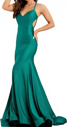 Jovani Satin Trumpet Evening Gown With Crisscross Back In Emerald